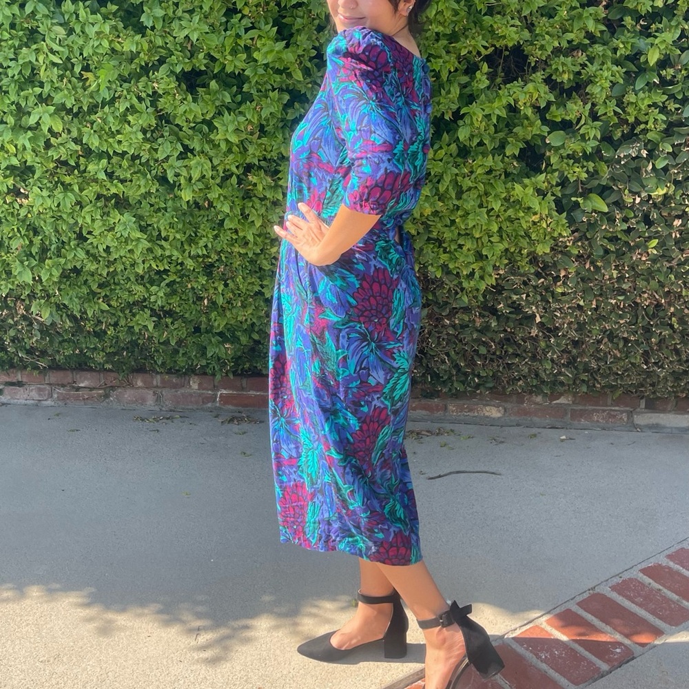 Vintage 80s Floral Midi Dress Secretary Tea Modest Bold Shoulder Pads Vtg Large - Picture 7 of 15